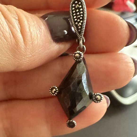 Black quartz 925 silver drop earrings - Picture 1 of 3